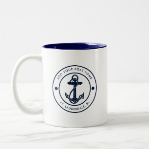 Nautical Anchor Boat Name Navy Blue Custom Two-Tone Coffee Mug