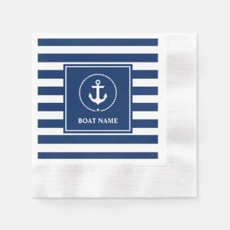 Nautical Anchor Boat Name Navy Blue Striped Napkin