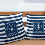 Nautical Anchor Boat Name Navy Blue Striped Throw Pillow<br><div class="desc">Nautical Anchor Boat Name Navy Blue Striped Throw Pillow</div>