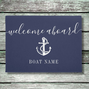 Nautical Anchor Boat Name Navy Blue Welcome Aboard Doormat