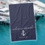 Nautical Anchor Boat Name Navy Blue Welcome Aboard Kitchen Towel<br><div class="desc">Elegant personalized welcome aboard design featuring your boat or captain's name set in a classic white text on a navy blue background. Designed by Thisisnotme©</div>