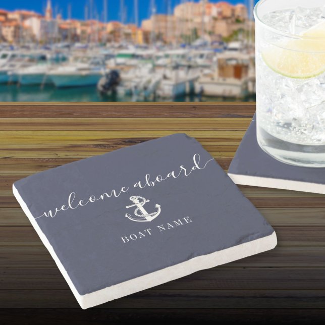 Nautical Anchor Boat Name Navy Blue Welcome Aboard Stone Coaster (Nautical Anchor Boat Name Navy Blue Welcome Aboard Stone Coaster)