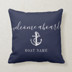 Nautical Anchor Boat Name Navy Blue Welcome Aboard Throw Pillow