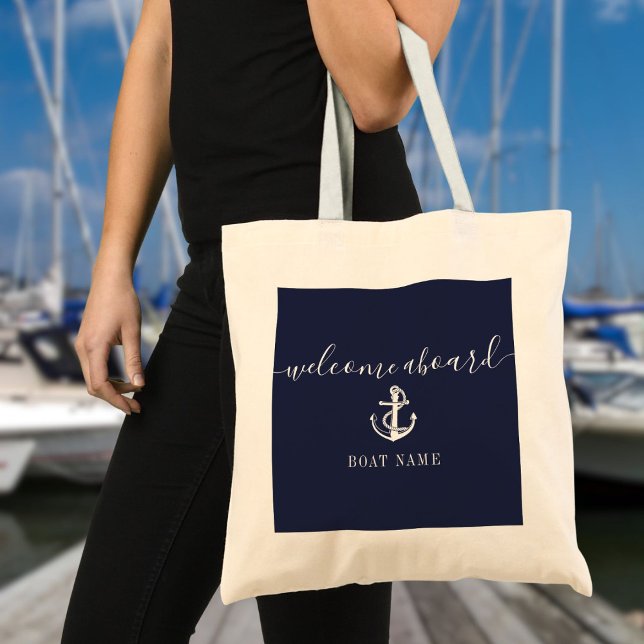 Nautical Anchor Boat Name Navy Blue Welcome Aboard Tote Bag (Nautical Anchor Boat Name Navy Blue Welcome Aboard Tote Bag)