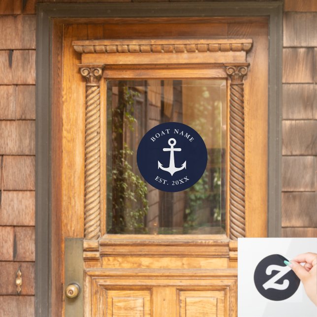 Nautical Anchor Boat Name Navy White Simple Round Window Cling (Home Door)