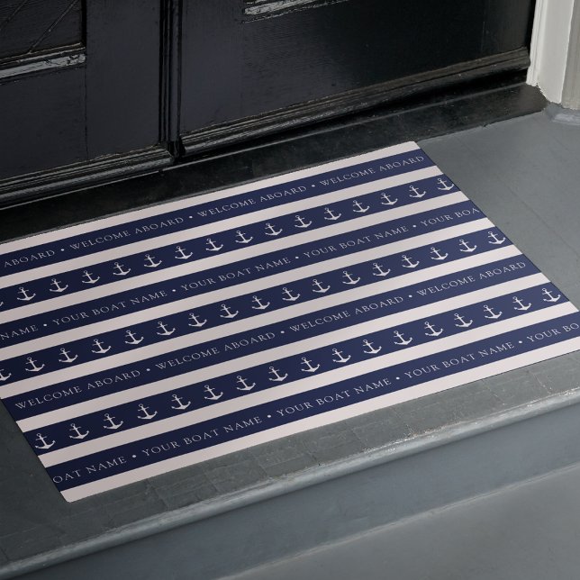 Nautical Anchor Boat Name Stripe Welcome Aboard Doormat (Creator Uploaded)