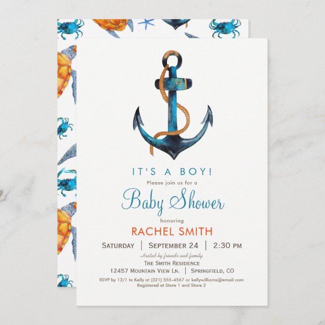 Nautical Anchor Boy Baby Shower Invitation (Front/Back)