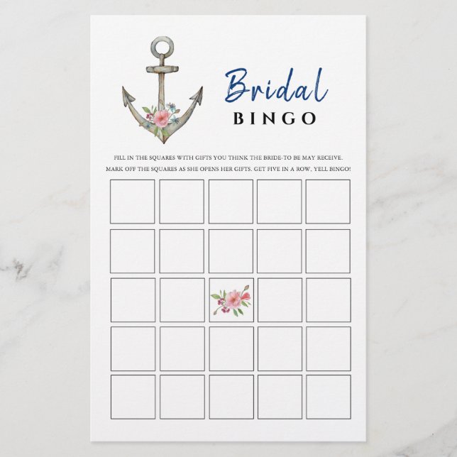 Nautical Anchor  Bridal Shower Bingo game  (Front)