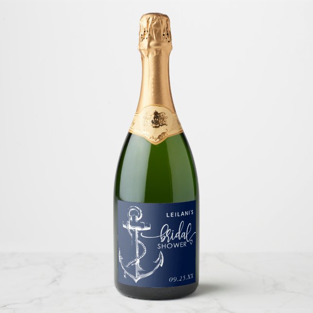 Nautical Anchor Bridal Shower Navy Blue Sparkling Wine Label (Front)