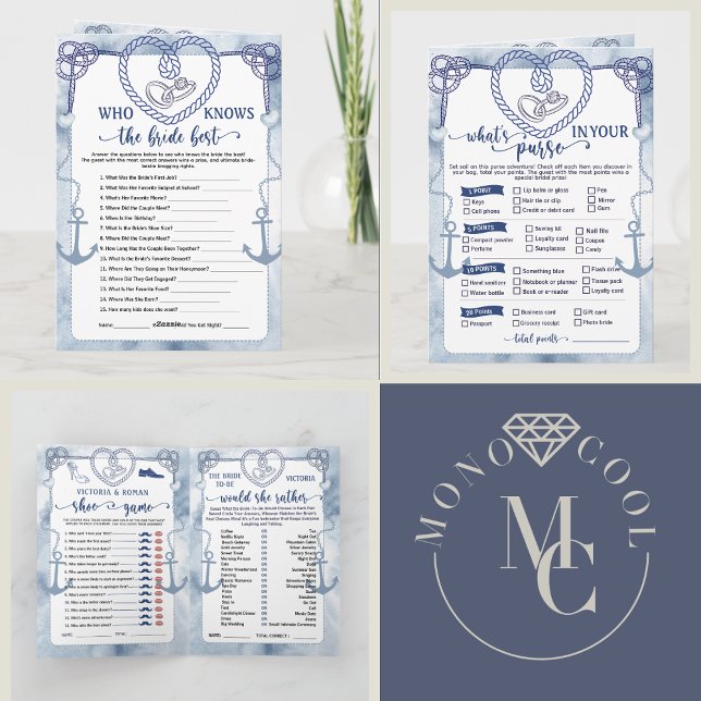  Nautical Anchor Bridal Shower, Wedding 4 Games Invitation (Nautical Anchor Bridal Shower, Wedding 4 Games activities beach theme destination fun play marine)
