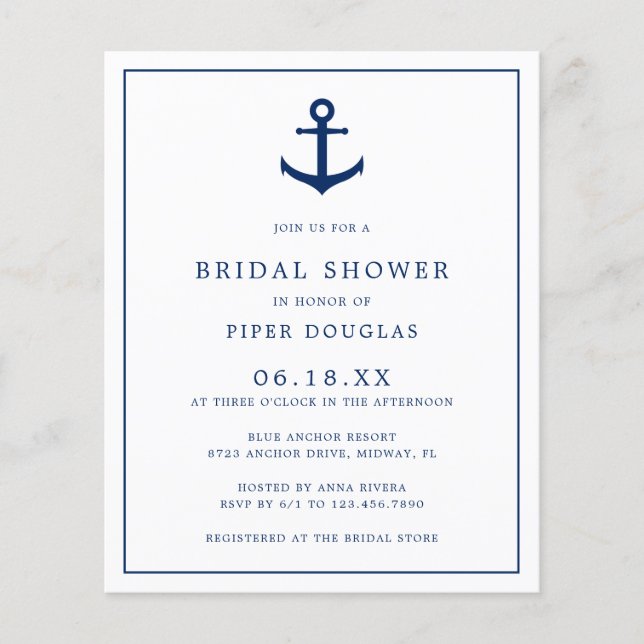 Nautical Anchor Budget Bridal Shower Invitation Flyer (Front)