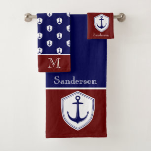 Nautical Anchor Burgundy Bathroom Ocean Navy Bath  Towel Set