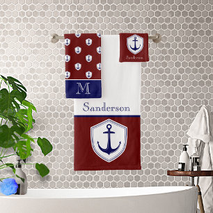 Nautical Anchor Burgundy Bathroom Ocean Navy Bath Towel Set