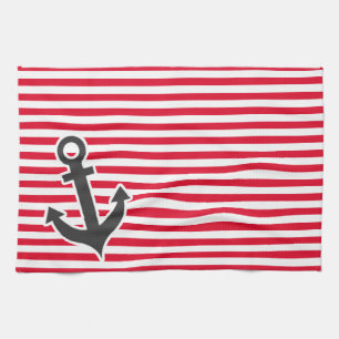Nautical Anchor; Cadmium Red Stripes; Striped Kitchen Towel