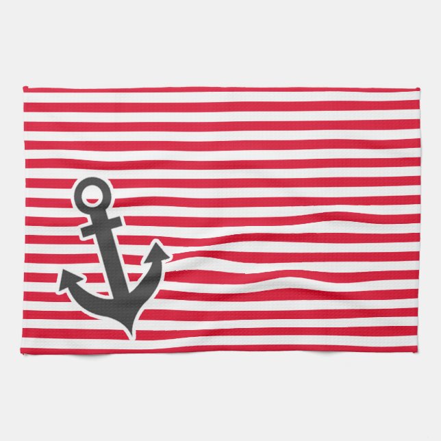 Nautical Anchor; Cadmium Red Stripes; Striped Kitchen Towel (Horizontal)