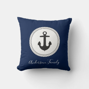 Nautical Anchor Calligraphy Family Name Throw Pillow