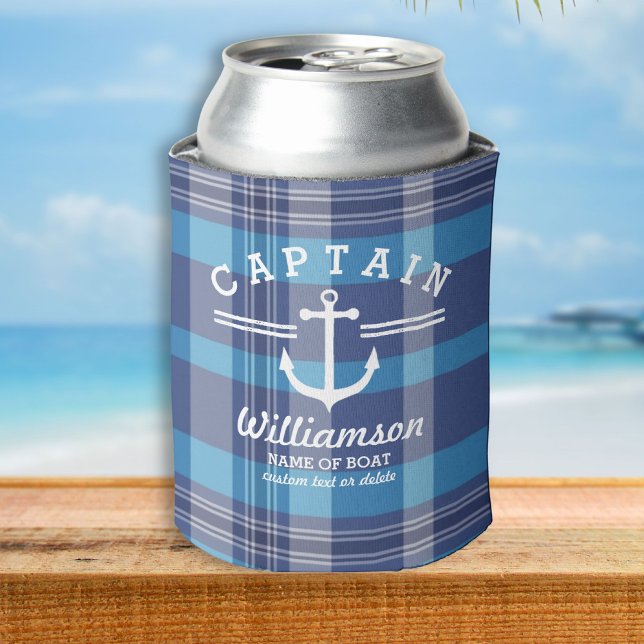 Nautical Anchor Captain and Boat Custom Name Plaid Can Cooler (Creator Uploaded)