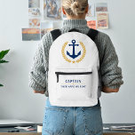 Nautical Anchor Captain Boat Name Gold Laurel Navy Printed Backpack<br><div class="desc">A custom designed nautical boat anchor,  gold style laurel leaves and a gold star with Captain rank or other title and Your Personalized Name or Boat Name in regal navy blue on a uniform white backpack. Makes a great gift.</div>