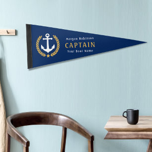 Nautical Anchor Captain Boat Name Gold Laurel Star Pennant Flag