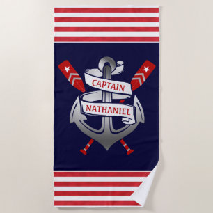Nautical Anchor Captain Name Navy Red Stripe Beach Towel