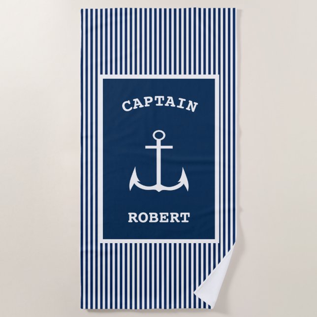 Nautical Anchor Captain Name Stripe Beach Towel (Front)
