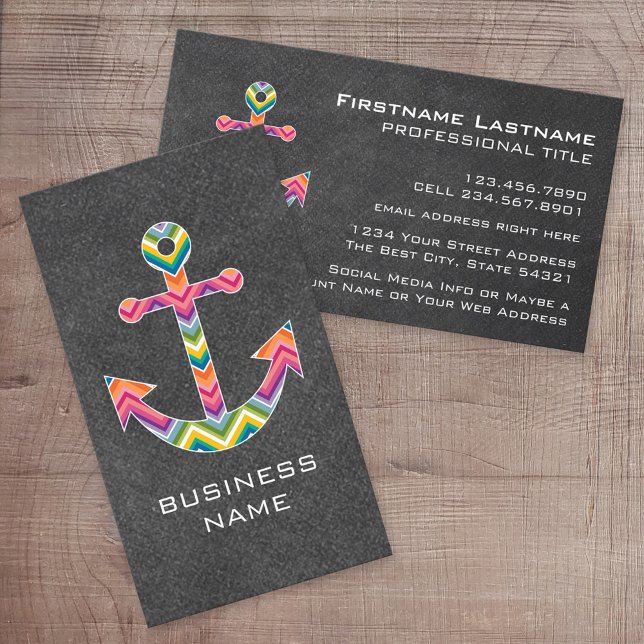 Nautical Anchor Chalkboard with Bright Chevrons Business Card (Custom Printed Online Business Card)
