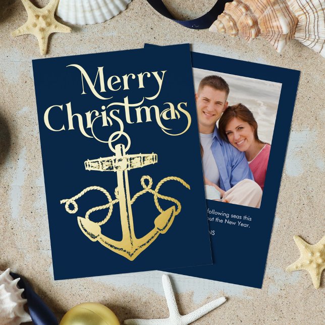 Nautical Anchor Christmas Photo Navy Blue Gold Foil Holiday Card (Creator Uploaded)