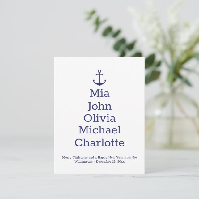 Nautical anchor Christmas tree custom names card (Standing Front)