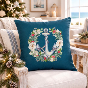 Nautical Anchor Christmas Wreath Throw Pillow