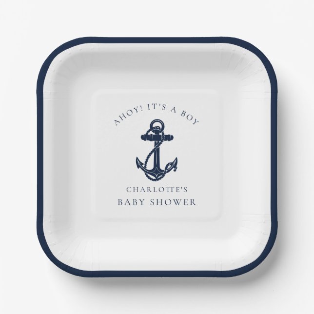 Nautical Anchor Coastal Boy Baby Shower Paper Plate (Front)