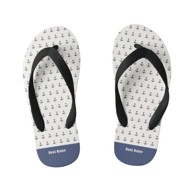 Nautical Anchor Coastal Stripes Navy Blue Cream Kid's Flip Flops (Footbed)