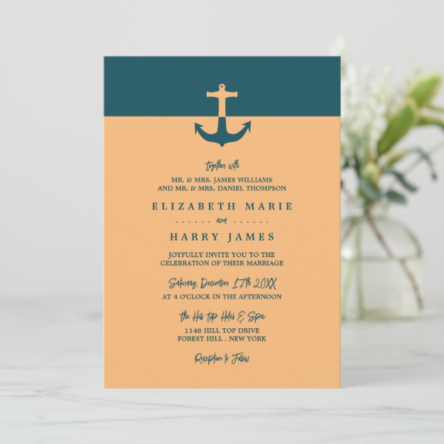 Nautical Anchor - Coral Blue - Beach Wedding Invitation (Standing Front)
