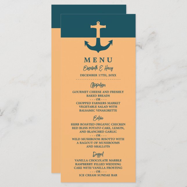 Nautical Anchor - Coral Blue - Beach Wedding Menu (Front/Back)