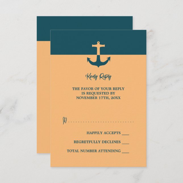 Nautical Anchor - Coral Blue - Beach Wedding RSVP Card (Front/Back)