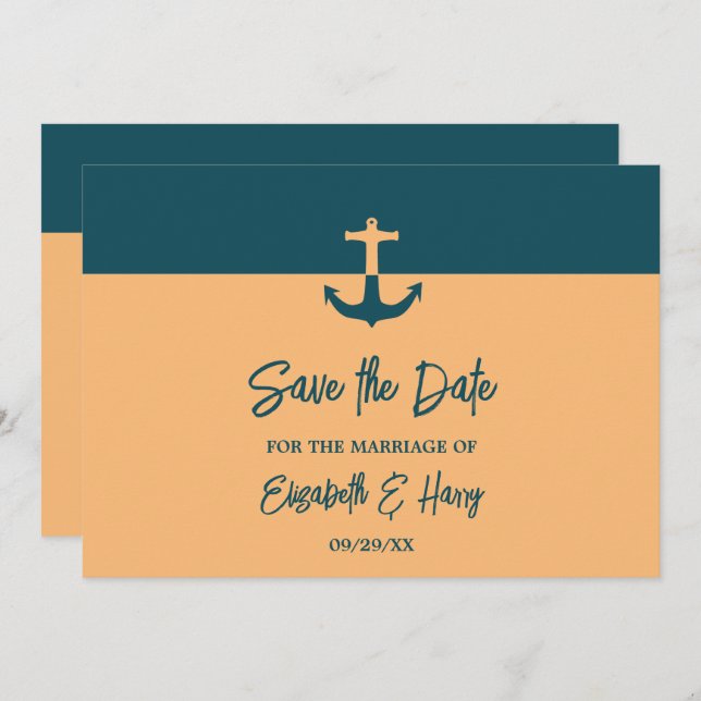 Nautical Anchor - Coral Blue - Beach Wedding Save The Date (Front/Back)