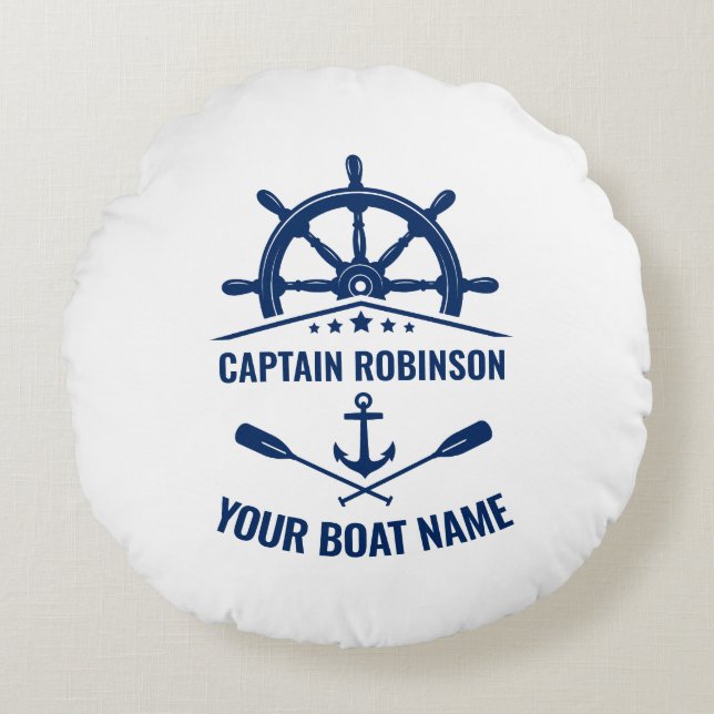 Nautical Anchor Crossed Oars & Ships Wheel White Round Pillow (Front)