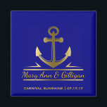 Nautical Anchor Cruise Ship Wedding Favour Navy Magnet<br><div class="desc">Custom, nautical anchor navy blue wedding favour magnet- Faux metallic gold anchor logo is centred with personalized names of just married couple in gold colour script lettering with a drop shadow. At the bottom is the name of the cruise ship and date. On a solid navy blue background, which may...</div>