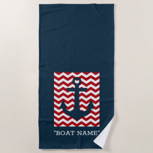 Nautical Anchor Custom BOAT NAME Red White Blue Be Beach Towel
