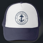 Nautical Anchor Custom Boat Name Sailing Trucker Hat<br><div class="desc">Add your boat name, and dock by clicking the "Personalize" button above. Set sail in style with our custom nautical-themed hat, the ultimate companion for your maritime adventures. This trucker hat boasts a cute design inspired by the ocean's wonders, featuring classic maritime motifs such as an anchor and rope. Whether...</div>
