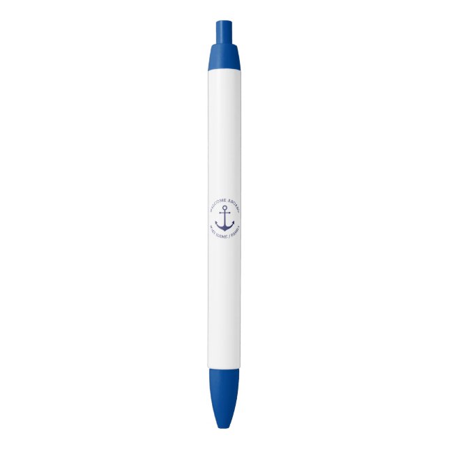 Nautical anchor Custom Boat name Welcome Aboard Black Ink Pen (Front Vertical)