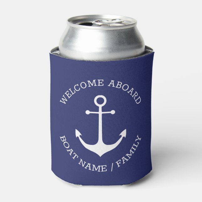 Nautical Anchor Custom Boat Name Welcome Aboard  Can Cooler (Can Front)