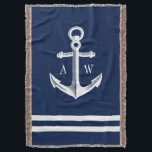 Nautical Anchor Custom Monograms Navy Throw Blanket<br><div class="desc">Elegant navy throw blanket featuring a nautical anchor in a vintage style.  Flanking both sides are monograms of the bride and groom,  or possibly your first and last name monograms.  All elements are customizable simply use the customization function.</div>