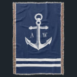 Nautical Anchor Custom Monograms Navy Throw Blanket<br><div class="desc">Elegant navy throw blanket featuring a nautical anchor in a vintage style.  Flanking both sides are monograms of the bride and groom,  or possibly your first and last name monograms.  All elements are customizable simply use the customization function.</div>