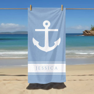 Nautical Anchor Custom Name Powder Blue  Beach Towel