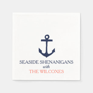 Nautical Anchor Custom Navy Blue/Coral Napkin