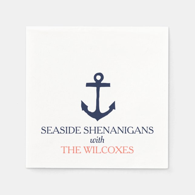 Nautical Anchor Custom Navy Blue/Coral Napkin (Front)