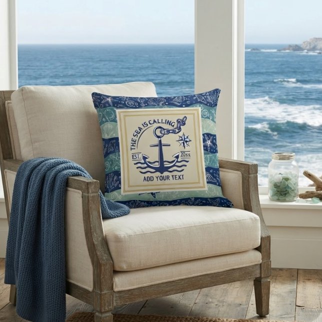 Nautical Anchor Custom Text Ocean Waves Coastal Throw Pillow (Creator Uploaded)