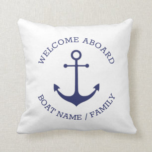 Nautical Anchor Custom Welcome Aboard navy blue Throw Pillow