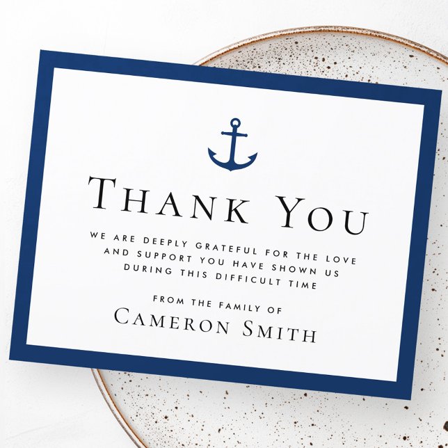 Nautical anchor dark blue border funeral sympathy thank you card (Nautical anchor dark blue border funeral sympathy thank you card)
