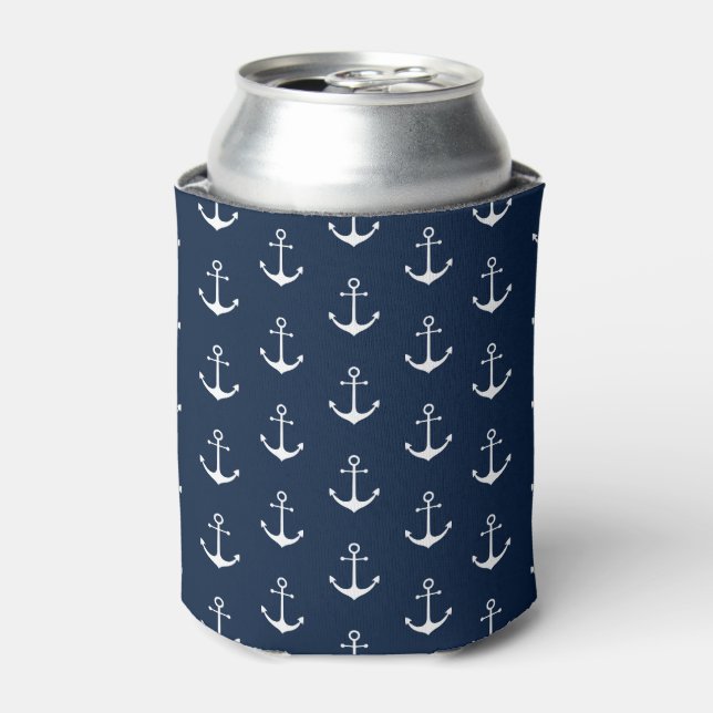 Nautical anchor dark navy blue white pattern cute can cooler (Can Front)